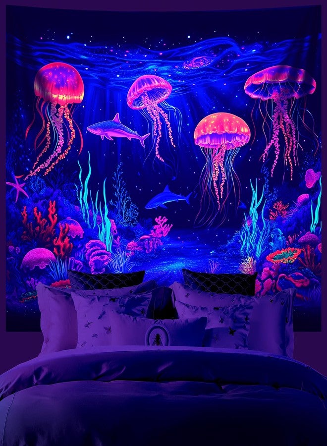 AOHMPT Blacklight Tapestry, UV Reactive Blacklight Poster, Jellyfish Tapestry, Whale Undersea World Tapestries, Dolphin Wall Art for Bedroom, Bedroom and Living Room Wall Decoration 79L x 59W - Image 2